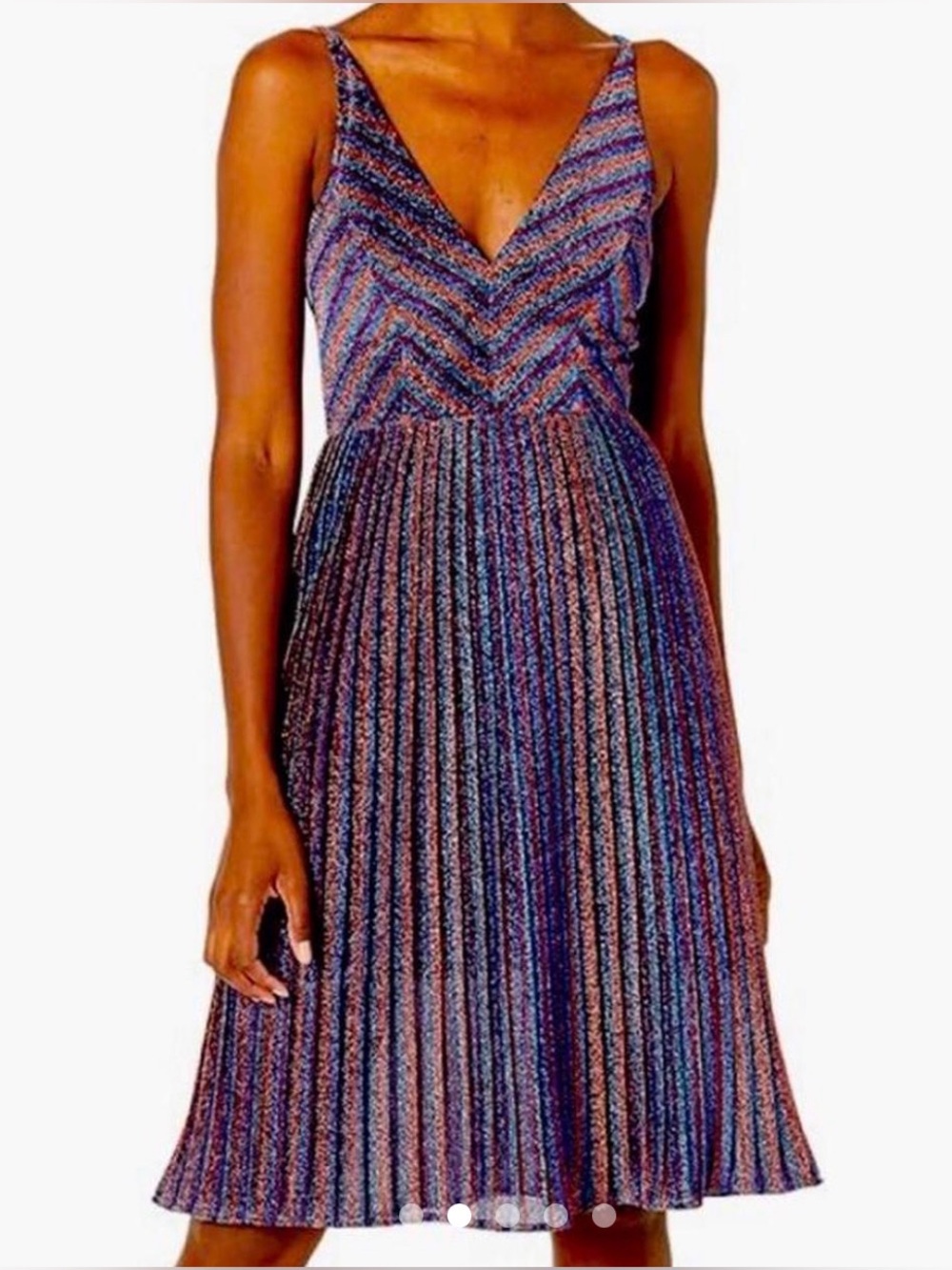 Dress the Population Metallic Stripe V-Neck Slip Dress - Blue/Bronze